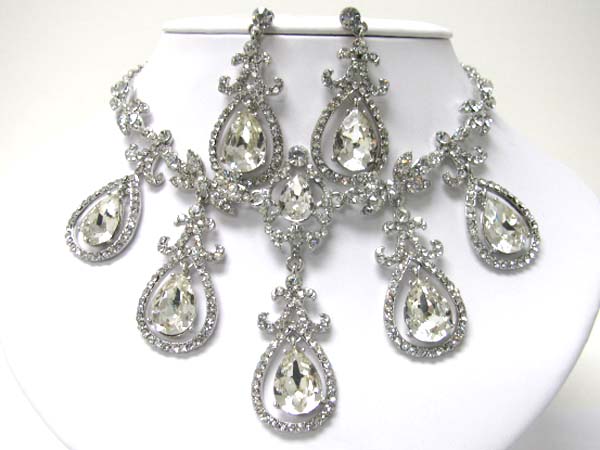 Crystal and large glass tear drop party necklace earring set