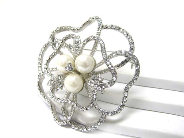 Center pearl and crystal deco open rose brooch