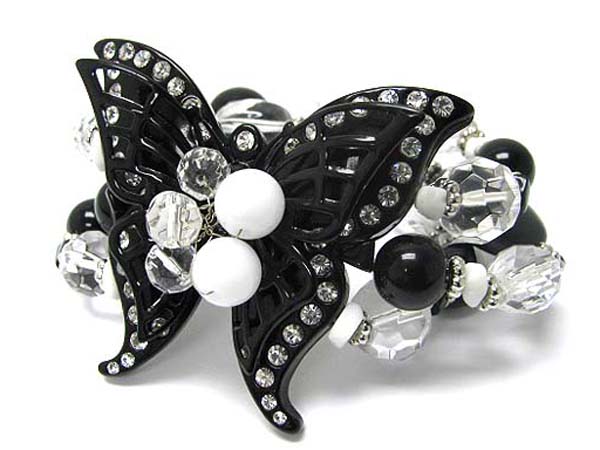 Crystal stud metal and acrylic butterfly and multi bead link stretch bracelet