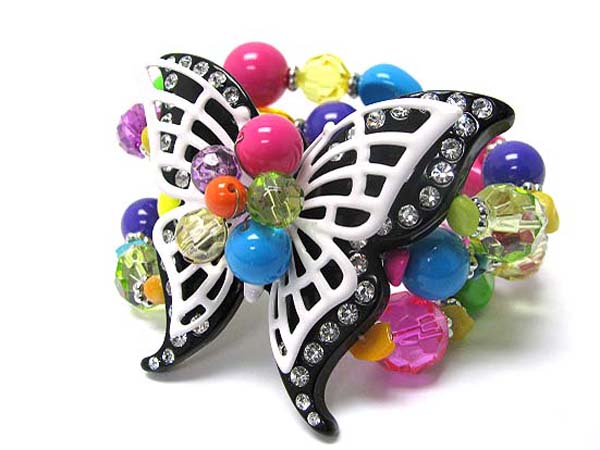 Crystal stud metal and acrylic butterfly and multi bead link stretch bracelet