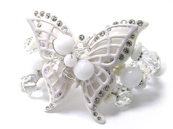 Crystal stud metal and acrylic butterfly and multi bead link stretch bracelet