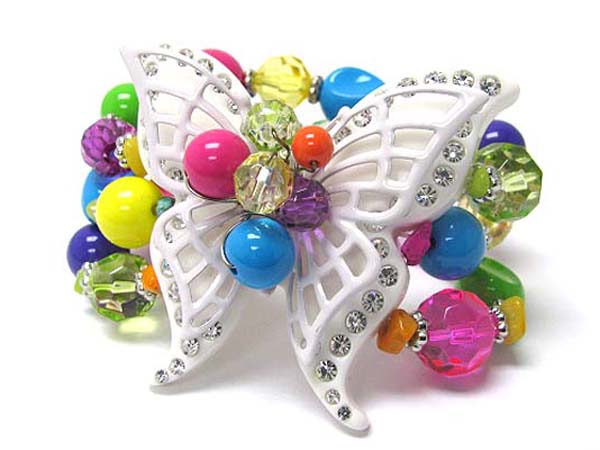 Crystal stud metal and acrylic butterfly and multi bead link stretch bracelet