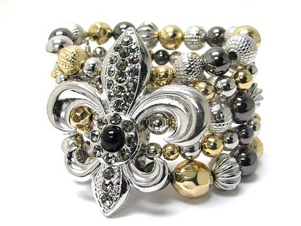 Crystal deco metal fluer de lis and bead link wide stretch bracelet