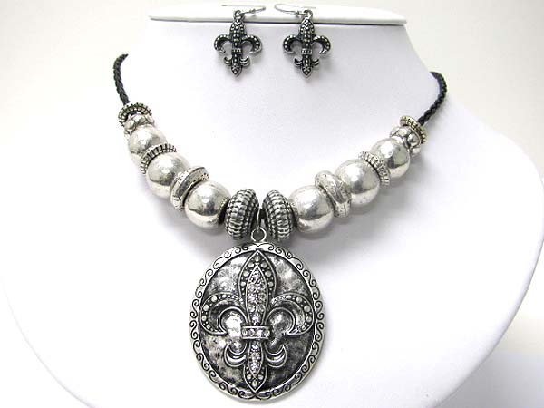 Crystal stud fluer de lis on emblem pendant and metal bead link braided cord necklace earring set