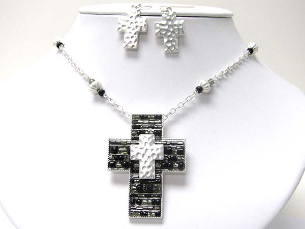 Multi bead filled cross and hammered cross pendant necklace earring set