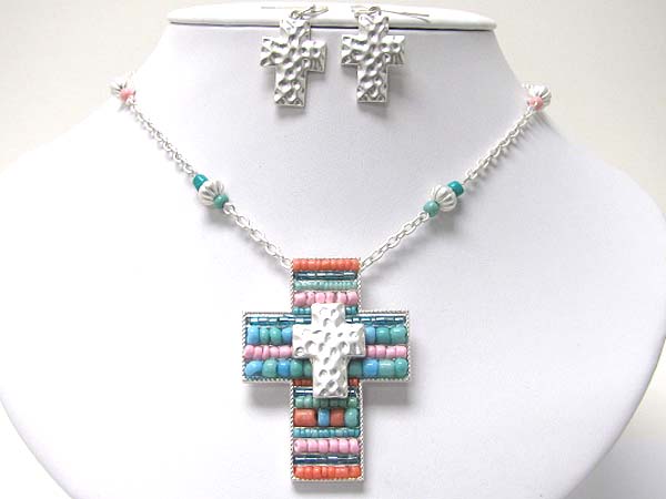 Multi bead filled cross and hammered cross pendant necklace earring set