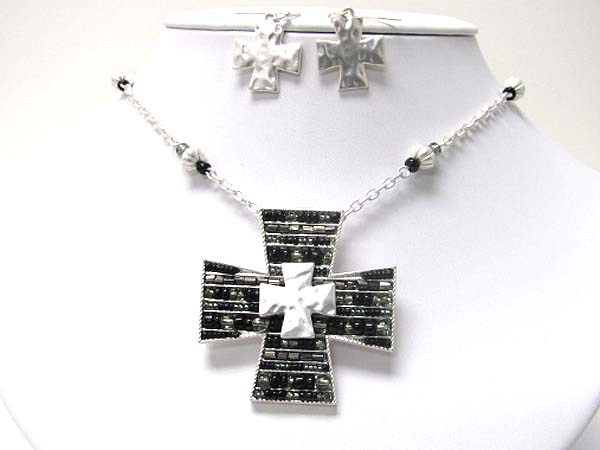 Multi bead filled cross and hammered cross pendant necklace earring set