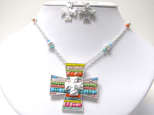 Multi bead filled cross and hammered cross pendant necklace earring set