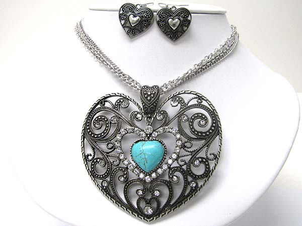 Crystal and center turquoise filigree heart multi chain necklace earring set