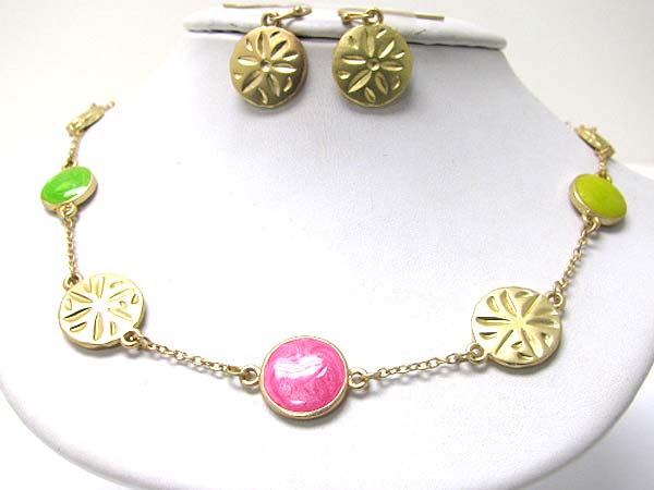 Hand painted and flower deco multi disk long necklace earring set