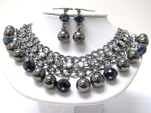 Crystal and multi metal ball drop wide chain necklace earring set