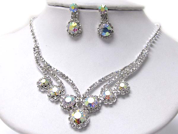 Large crystal and rhinestone v shape necklace earring set