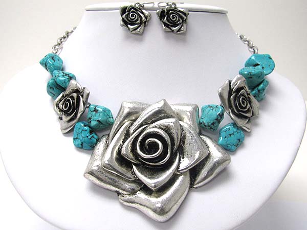 Large metal rose and turquoise link necklace earring set