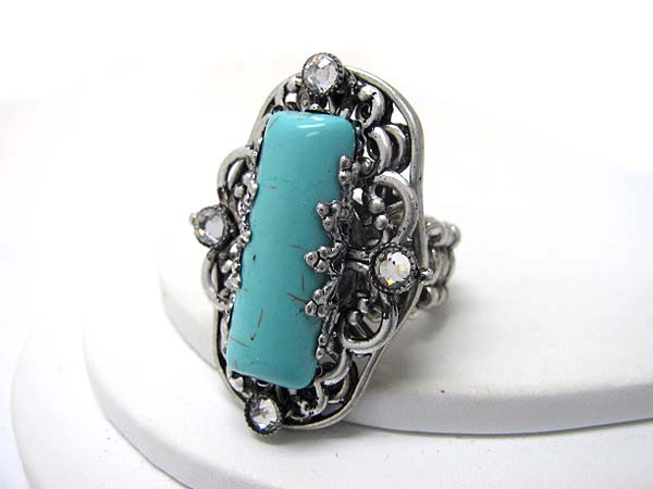 Turquoise and crystal stud filigree stretch ring