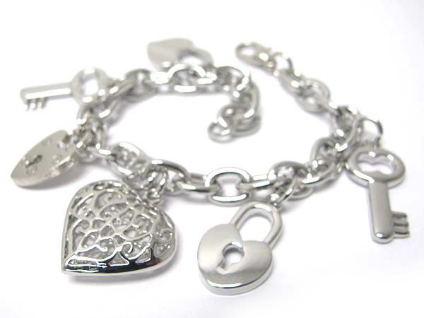 Metal heart key and lock charm dangle toggle bracelet