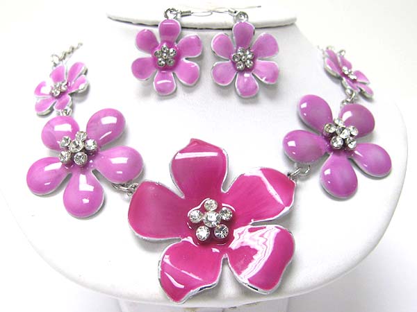 Crystal stud metal epoxy flower link necklace earring set