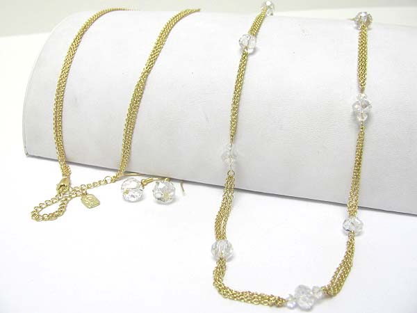 Crystal cut facet glass beads and multi metal chain long necklace earring set