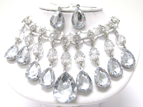 Multi facet glass cascade drop necklace set 