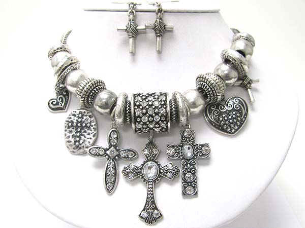 Antique look crystal stud multi burnish metal multi cross dangle necklace set