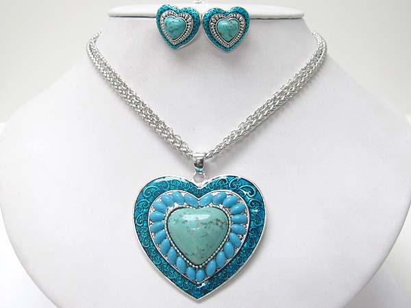 Natural stone and beads deco heart medallion necklace earring set