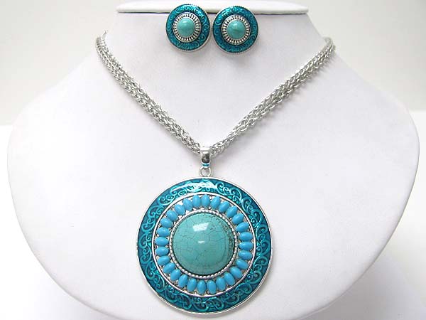 Natural stone and beads deco round medallion necklace earring set