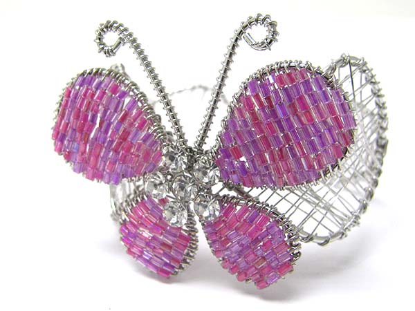 Crystal and seed beads deco butterfly top metal wire bangle 