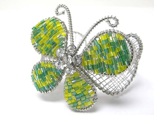 Crystal and seed beads deco butterfly top metal wire bangle 