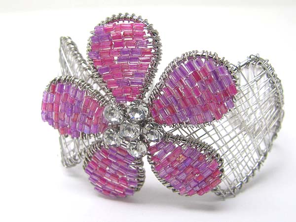 Crystal and seed beads deco flower top metal wire bangle