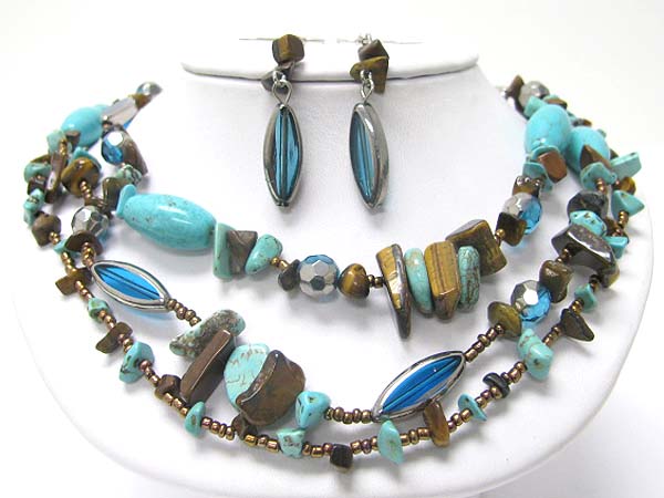 Multi strand mixed natural stone necklace earring set