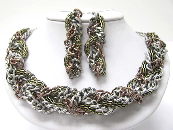 Multi chain braided tangle necklace earring set