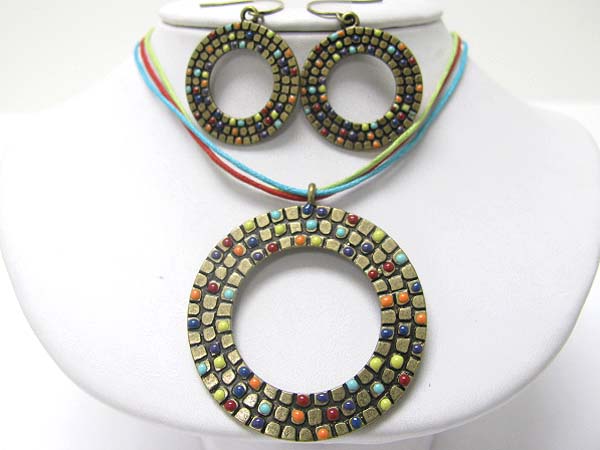 Colored round metal pendant cord necklace earring set