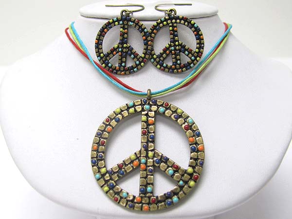 Colored peace mark metal pendant cord necklace earring set