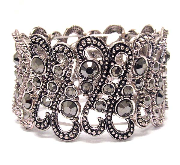 Multi crystal metal curved pattern textured metal stretch bracelet