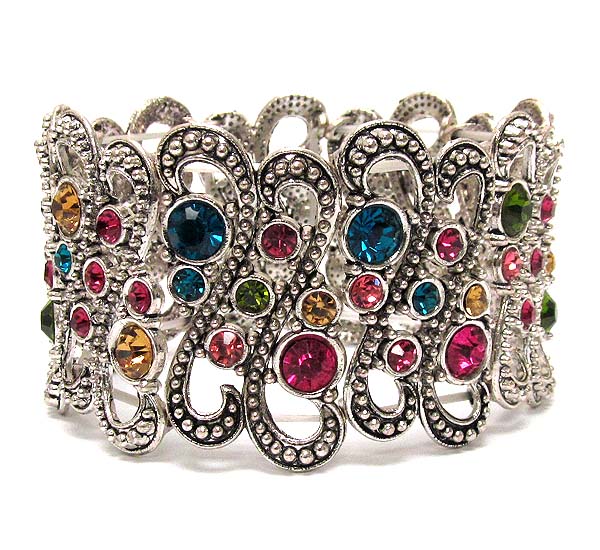 Multi crystal metal curved pattern textured metal stretch bracelet