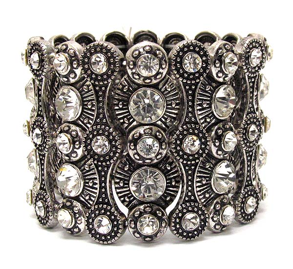 Multi crystal metal oval pattern textured metal stretch bracelet