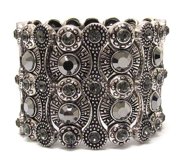 Multi crystal metal oval pattern textured metal stretch bracelet