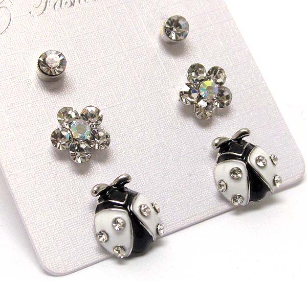 Crystal flower crystal epoxy ladybug-three pair earring set