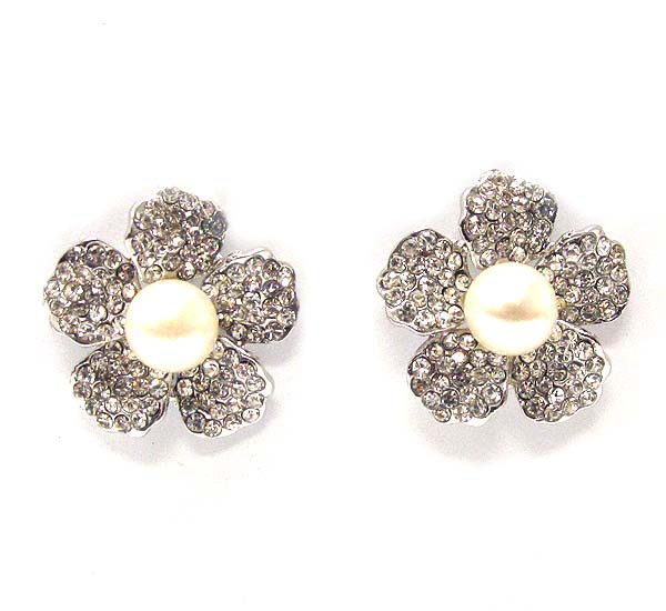 Crystal flower with pearl on center stud earring