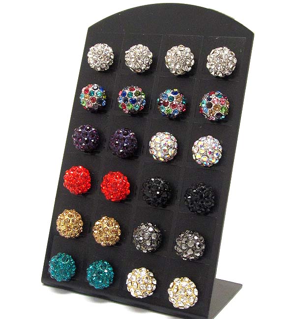 12 pair crystal mixed color half ball earring dozen set (it comes with display) mens jewelry