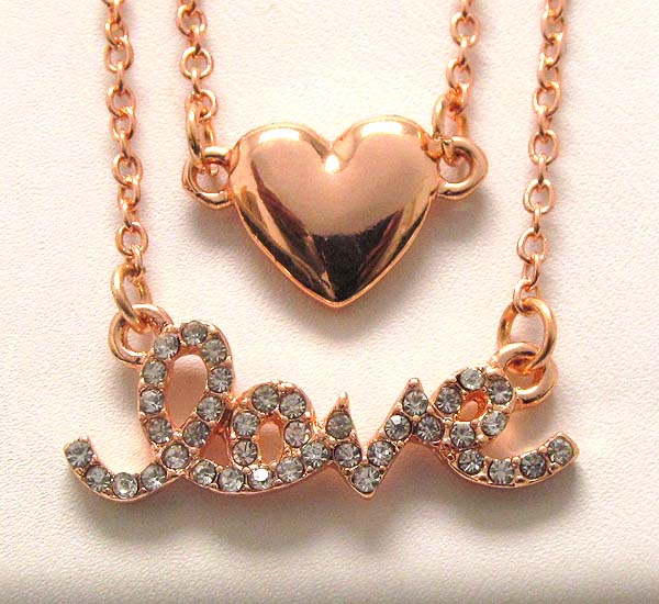 Crystal love theme and metal heart drop chain necklace