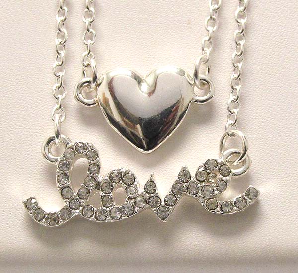 Crystal love theme and metal heart drop chain necklace