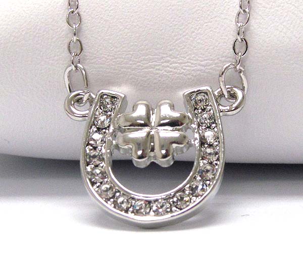 Made in korea whitegold plating crystal clover and horse shoe pandant necklace