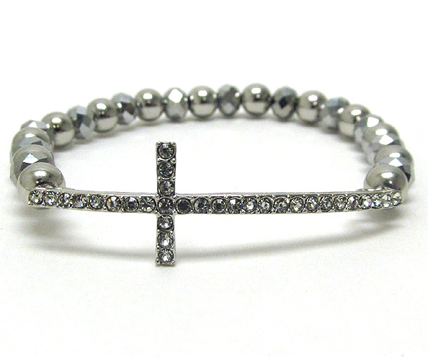 Crystal cross with multi crystal glass stretch bracelet