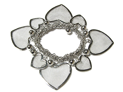 Fish net style heart and ball dangle stretch bracelet