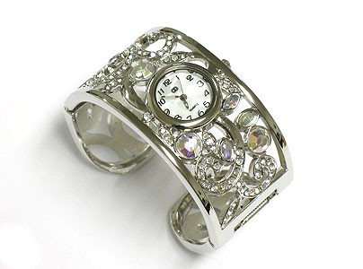 Crystal deco and cut out metal casting wide bangle watch