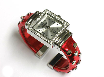 Crystal square face metal stud color bangle watch