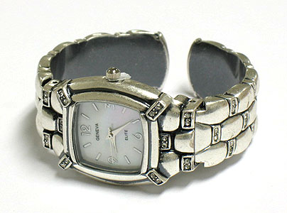 Designer style pewter bangle watch - crystal