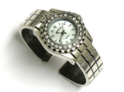 Designer style pewter bangle watch - crystal