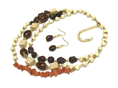 Multi beads and precious stone and wood facet cut necklace and earring set