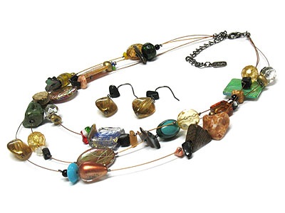 Multi color and shape glass bead thread wire necklace and earring set